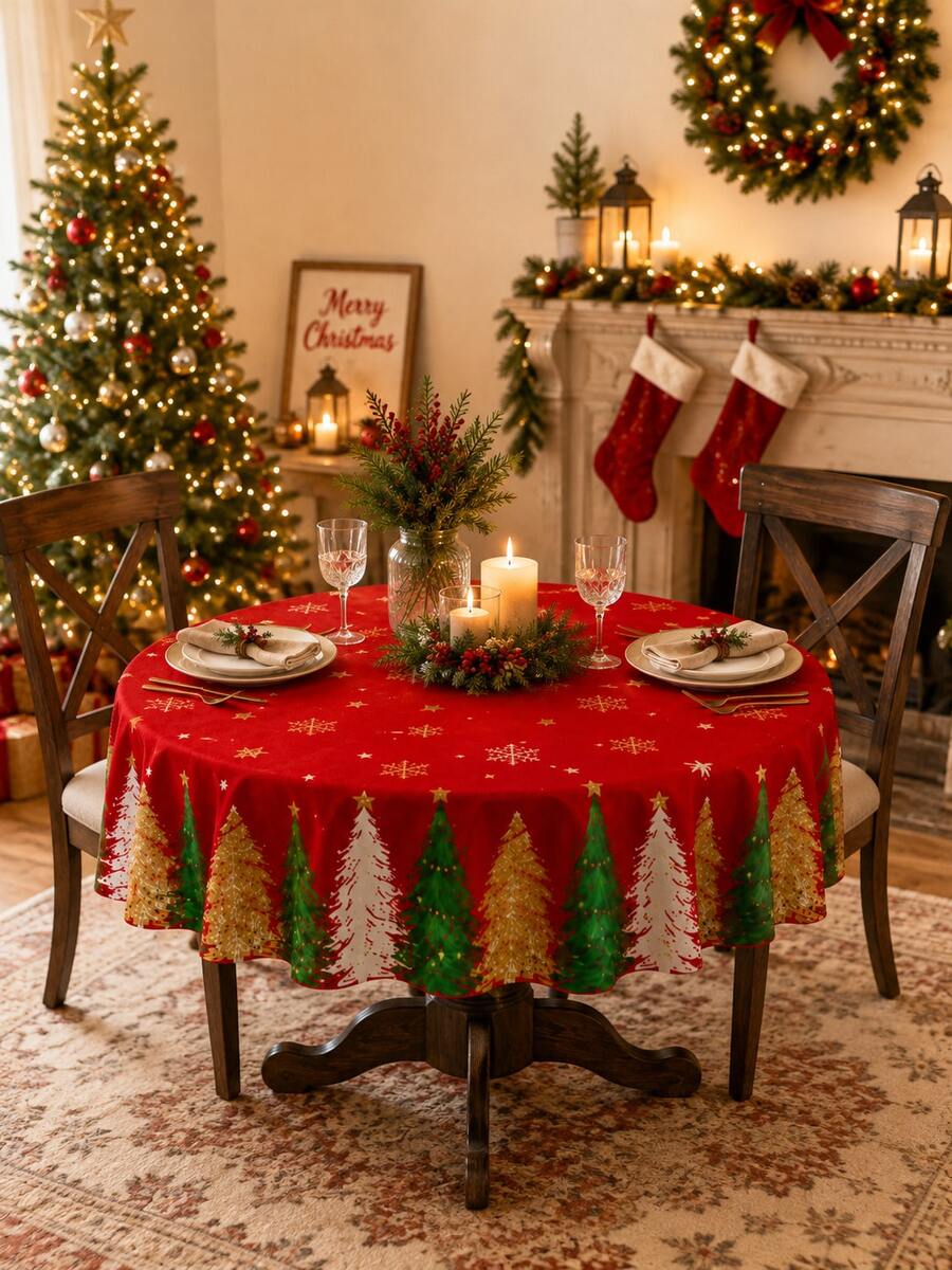 1pc Christmas Tablecloth, Red Christmas Tree & Snowflake Pattern, Holiday Decor Tablecloth, Suitable For Dining Table, Christmas Party, Home Kitchen Dinner Setting - Multicolor - View 1