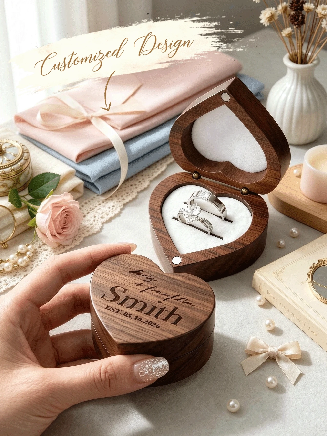 Personalized Heart Walnut Ring Box, Custom Engraved Bearer Box, Engraved Ring Box, Wedding Ring Box, Engage Ring Box, Ring Holder, Custom Ring Box - Multi-color Heart-shaped Walnut Ring Box - View 1