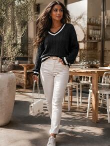 Women's Plus Size Cable Knit V-Neck Sweater, White Striped Trim, Comfortable Autumn/Winter Pullover - Black - View 5