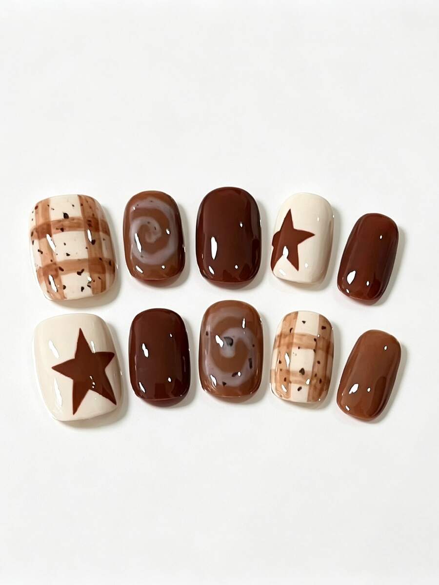10pcs Pure Handmade Press On Nails Short Square Nail Brown Beige Black Nails With Star Checkered Pattern Cute Fancy Pain Y2k Gentle Elegant For Women And Girl,Spring Summer Fall Winter,Holiday And Daily Life Use - Brown - View 1