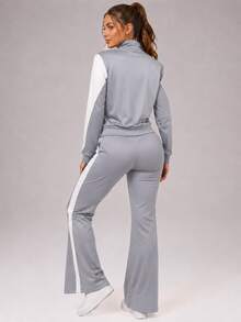 CZRLHYT ColorBlock Knit Women's Zip-Front Jacket & Pants 2 Pieces Outdoor Sports Set, Island Vacation Outfit - Grey - View 4