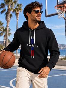 Men's Minimalist Paris Letter Red White Blue Striped Print Sweatshirt, Long Sleeve Drawstring Pocket Casual Sports Sweatshirt - Black - View 1