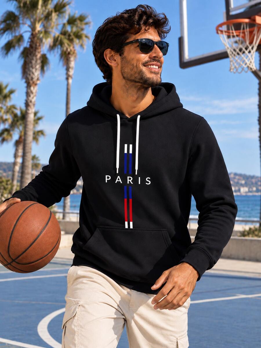 Men's Minimalist Paris Letter Red White Blue Striped Print Sweatshirt, Long Sleeve Drawstring Pocket Casual Sports Sweatshirt - Black - View 1