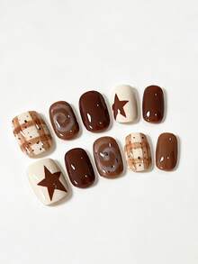 10pcs Pure Handmade Press On Nails Short Square Nail Brown Beige Black Nails With Star Checkered Pattern Cute Fancy Pain Y2k Gentle Elegant For Women And Girl,Spring Summer Fall Winter,Holiday And Daily Life Use - Brown - View 2