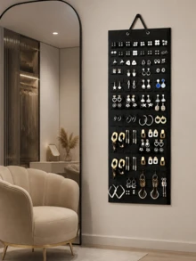 No-Drill Wall-Mounted Earring Storage Rack, Large Black Felt Jewelry Storage Bag, Multi-Hook Design, No-Nail Hanging Roll-Up Jewelry Organizer For Vanity Or Travel - Multicolor - View 10