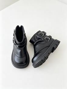 Girls' Ruched Ankle Boots With Buckle, Faux Leather Back Zipper Thick Sole, Autumn Winter 2026 - Black - View 1