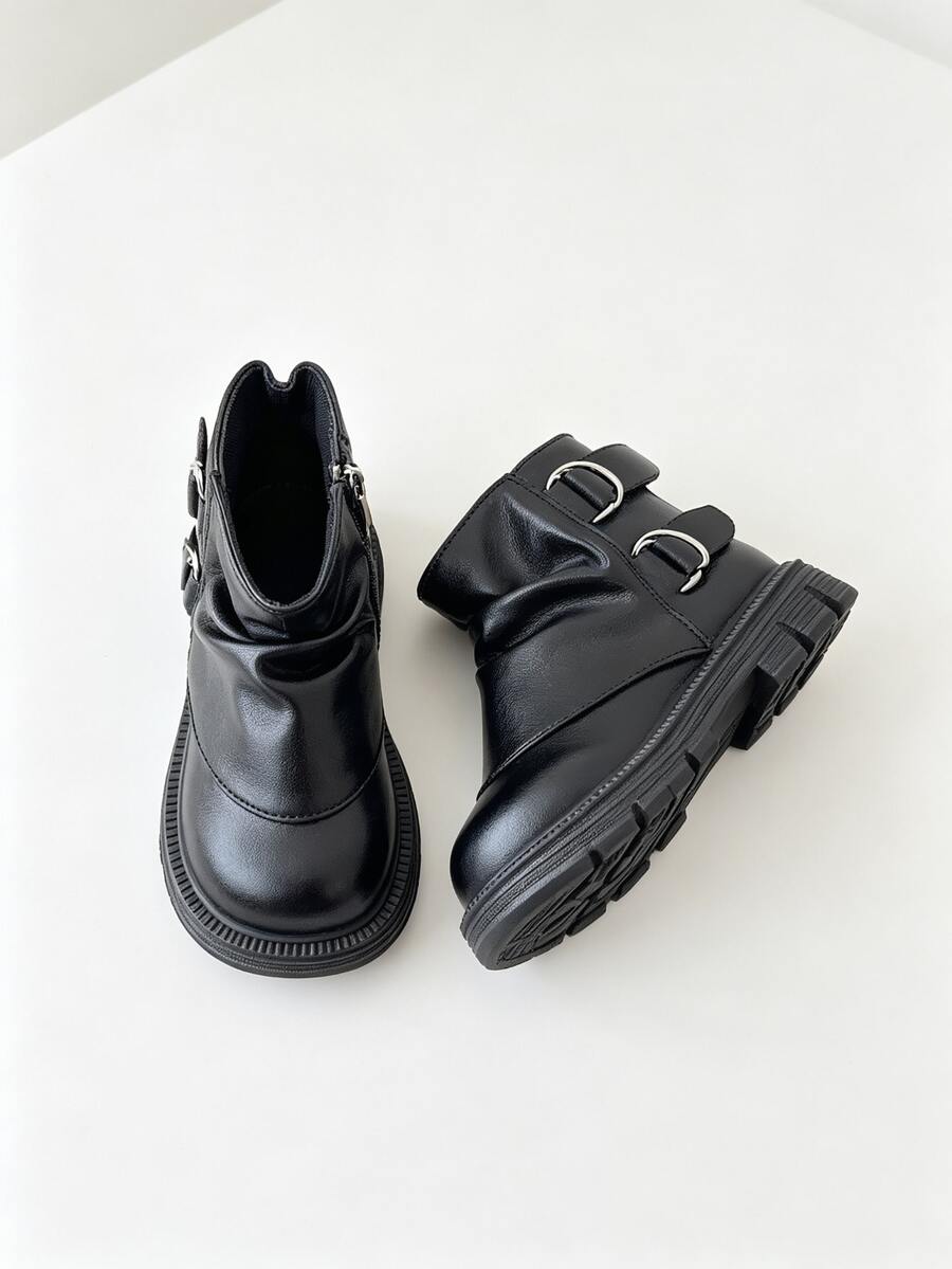 Girls' Ruched Ankle Boots With Buckle, Faux Leather Back Zipper Thick Sole, Autumn Winter 2026 - Black - View 1