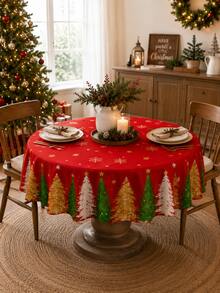 1pc Christmas Tablecloth, Red Christmas Tree & Snowflake Pattern, Holiday Decor Tablecloth, Suitable For Dining Table, Christmas Party, Home Kitchen Dinner Setting - Multicolor - View 18