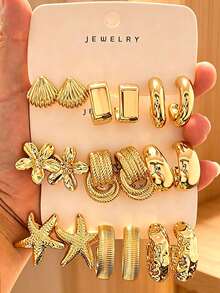 6-18pcs Fashion Gold Flower, Shell, Geometric, Water Drop Stud Earrings Set, Suitable For Women's Daily Wear - Multicolor - View 5