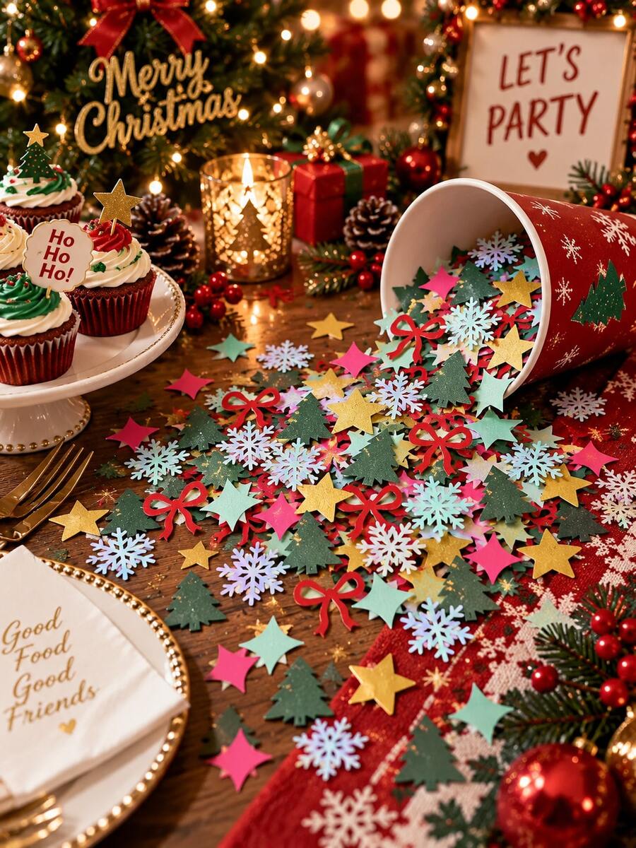 100pcs Christmas Table Confetti, Mixed Christmas Tree, Snowflake, Star And Bow Shapes, Suitable For Christmas Dinner Party Table Decoration - Christmas Confetti - View 1