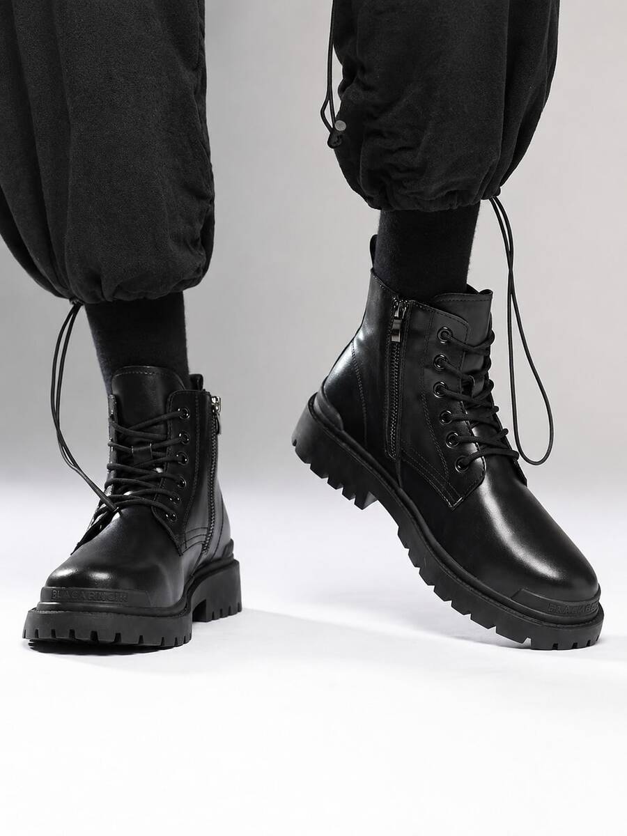Men High-Top Leather Riding Boots - Black - View 1