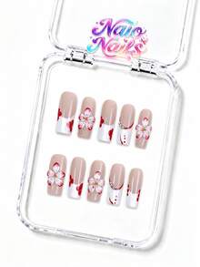 NAIO 10pcs/Set Y2K Handmade Press-On Nails, Nude White Red French Tip, Hand-Painted 3D Red White Flower Heart Rhinestone Nail Art, Elegant Wedding Bridal Style, Suitable For Party And Daily Wear, 3 Sizes Coffin/Almond/Short Square, Acrylic False Nails - Multicolor - View 4