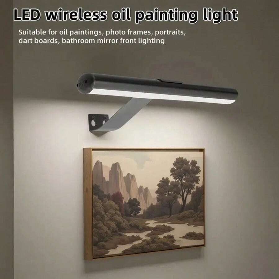 1PC Black/Gold No-Drill USB Rechargeable Wall Art Light, Magnetic Vanity Light Bar, Oil Painting Fill Light Wall Lamp, Suitable For Mirror, Makeup Vanity And Bedside Touch Light - Long Strip - View 1
