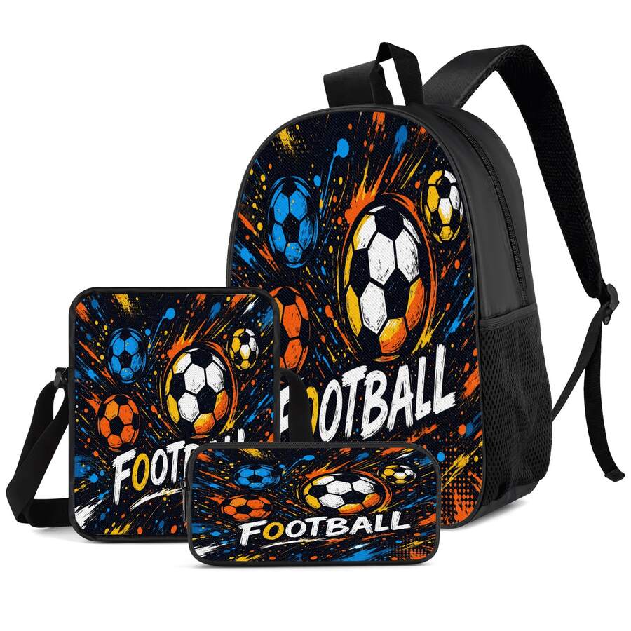 Football 2D Print 3 Pieces Backpack Set, Large Capacity Backpack With Crossbody Bag And Pencil Case, Side Elastic Mesh Pocket For Water Bottle, Wide Breathable Shoulder Straps, Sporty Style For Daily Commute, Travel And Casual Storage - Printed Bag - View 1