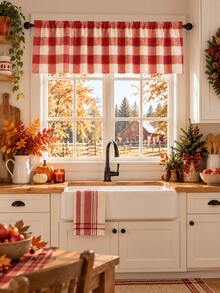 1pc-Red And White Buffalo Check Valance Curtain, Farmhouse Plaid Rod Pocket Window Topper, Rustic Country Kitchen Window Treatment, Fall Thanksgiving & Christmas Home Decor, Short Checkered Curtain Valance For Cafe Dining Room - Black and White - View 5