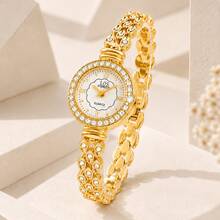 1pc Fashionable Gold Quartz Watch, Women's Elegant Round Dial Rhinestone Watch, Daily Gift - Style 1 - View 1