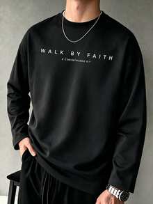Men's Text Print Long Sleeve T-Shirt, Casual Minimalist Loose Fit Streetwear T-Shirt - Black - View 3
