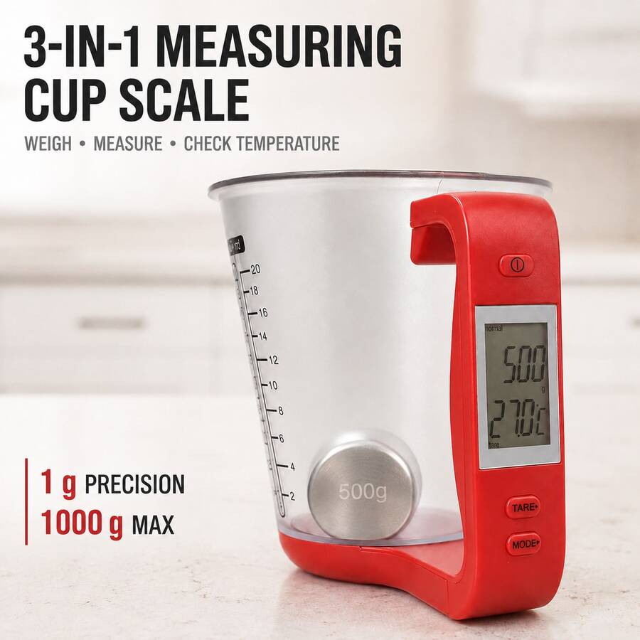 2026新款三合一數位量杯秤，可稱重、量體積與測溫，600ml/20oz，1-1000g高精度，6種單位，ABS手柄，螺絲固定電池蓋，附螺絲起子，可拆卸可清洗聚碳酸酯量杯，適合烘焙