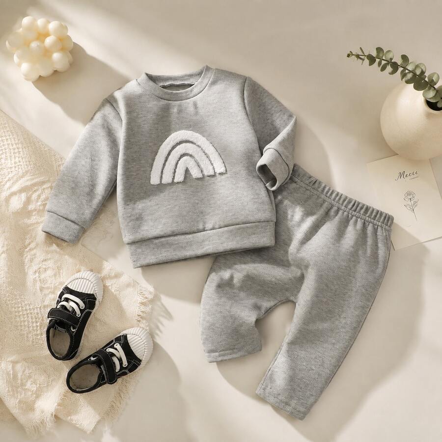 2pcs/Set Unisex Baby & Kids Rainbow Embroidered Top + Loose Sports Pants Outfit, Casual Spring/Autumn Wear - Light Grey - View 1