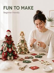 1pc DIY Quilted Christmas Tree Set, Complete Patchwork Sewing Kit For Beginners, Includes Fabric, Tools, Stuffing And Templates, Creative Gift, Fabric Christmas Tree Making Kit, Holiday Tabletop Decoration - Multiple Styles - View 4