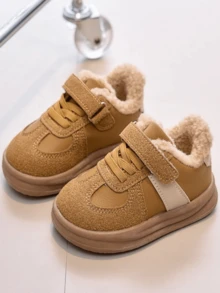 Autumn/Winter Unisex Baby Warm Skate Shoes, Thermal Lined, Hook And Loop Closure, Patchwork Upper, Soft Sole, Anti-Slip, Versatile Comfortable Casual Shoes For Kids - Yellow - View 4