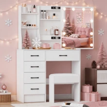 Dressing Table With LED Mirror & 6 Drawers Bederoom Makeup Desk For Girls - White - View 5