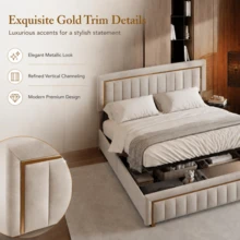 5FT Double Bed, Ottoman Bed With Hydraulic Storage & Headboard - Beige King - View 7