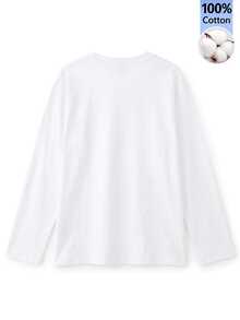 Women's White Long Sleeve T-Shirt, Pure Cotton, Casual Loose Fit, Versatile All-Match Layering Top For Autumn/Winter/Spring - White - View 6