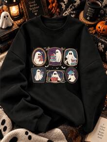 Ghost Print Pattern Crew Neck Sweatshirt, Plus Size Women's Casual Autumn/Winter Long Sleeve Sweatshirt Black - Black - View 1