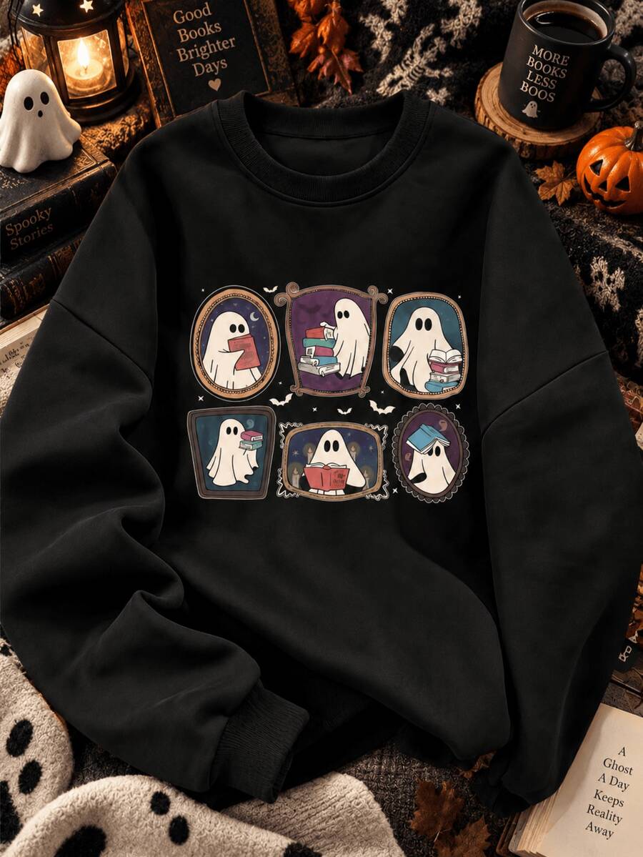 Ghost Print Pattern Crew Neck Sweatshirt, Plus Size Women's Casual Autumn/Winter Long Sleeve Sweatshirt Black - Black - View 1
