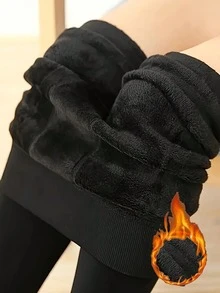 1双女士加厚保暖带衬里踩脚裤，适合秋冬季节，高腰加厚设计，舒适保暖 - 黑色 - 查看 6