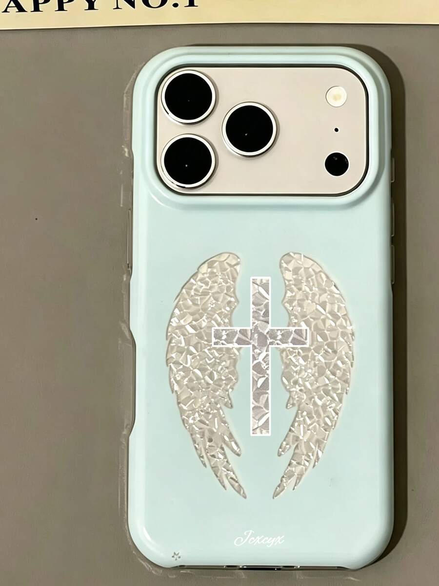 Y2K 時尚可愛亮片暗黑天使之翼保護手機殼,適用於 iPhone 18 Pro Max 18 Pro 17 Pro Max 17 Pro 17 16 Pro Max 16 Pro 16 15 Pro Max 15 Pro 15 14 Pro Max 14 Pro 14 13 Pro Max 13 Pro 13,復古少女風防震軟殼後蓋 - 藍色十字架翅膀 - 查看 1