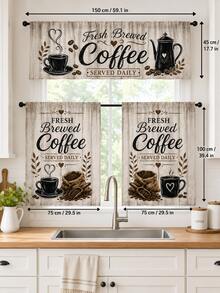 1組 Fresh Brewed Coffee 文字廚房窗簾，美式鄉村復古木紋聚酯纖維桿套短窗簾，咖啡杯、咖啡壺與咖啡豆印花小窗簾，適用於咖啡店、餐廳、櫥櫃及居家日常裝飾 - 彩色 - 查看 3