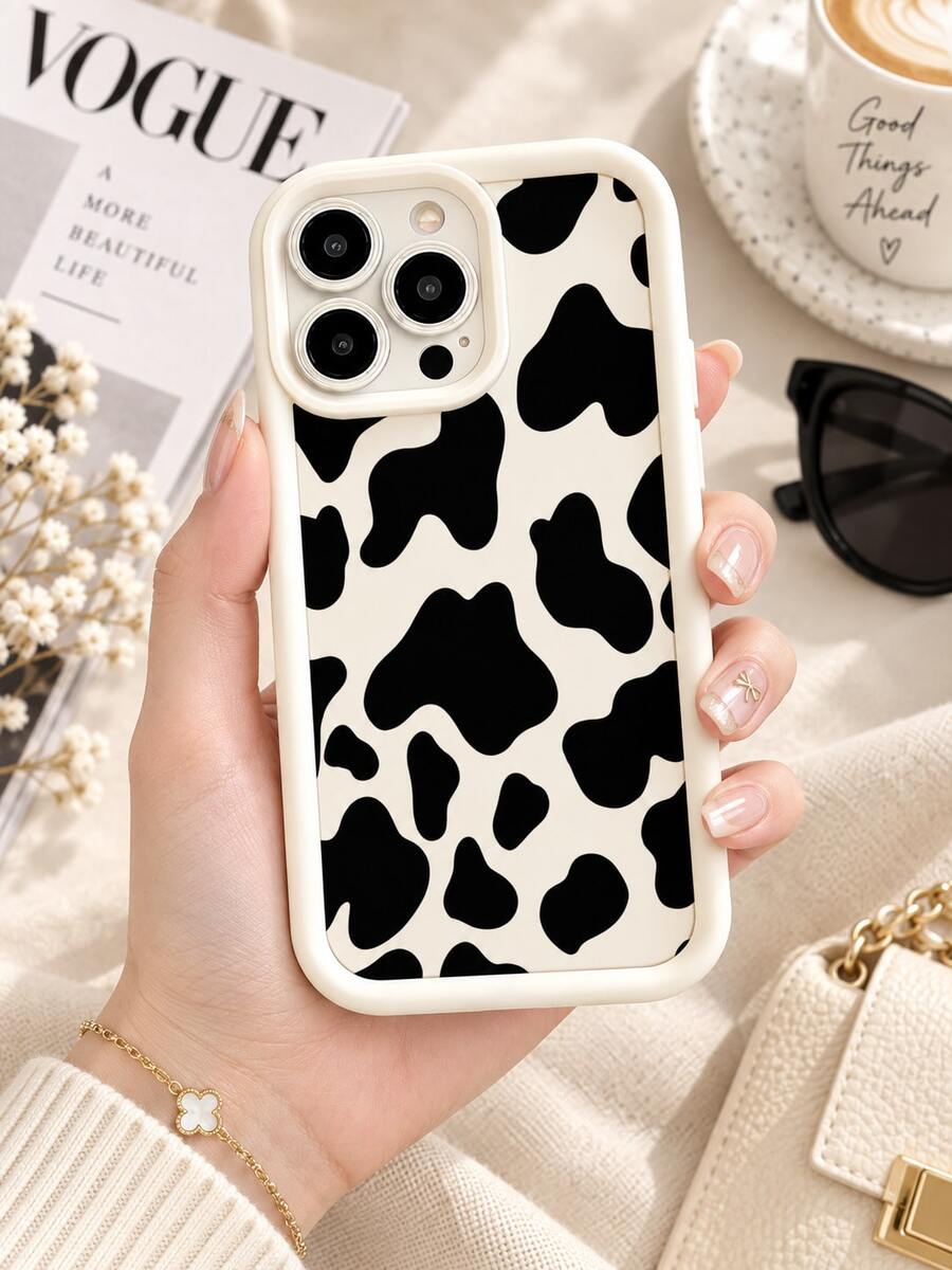 1pc Black & White Cow Print Phone Case, Classic Korean Style Cow Spotted Cream White Full Coverage Anti-Drop Soft Protective Cover, Lens Height & All-Around Protection, Compatible With IPhone 17 Pro Max/17 Pro/17/16 Pro Max/16 Pro/16/15 Pro Max/15 Pro/15/14 Pro Max/14 Pro/14/13 Pro Max/13 Pro/13/12 Pro Max/12 Pro/11 Pro Max/11, Compatible With Samsung Series, Shockproof, Oil-Resistant, Waterproof, Fashion Protective Case - Beige - View 1