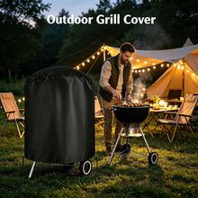 Round Outdoor Camping Grill Cover, Oxford Fabric UV-Resistant Grill Cover With Drawstring, Windproof And Dustproof, Outdoor Open-Air BBQ Equipment Rain And Dust Protection Cover - Black - View 2