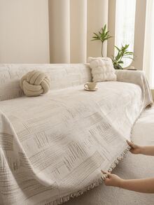 1pc Geometric Striped Texture Sofa Throw Blanket With Tassels, Soft Breathable Universal Sofa Cover, Durable Machine Washable Sofa Protector, Neutral Minimalist Style 1/2/3 Seater Sofa Blanket, Living Room Home Decor - Khaki - View 9