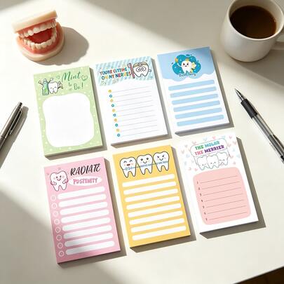 6pcs/12pcs/24pcs Cartoon Dental Care Self-Adhesive Sticky Notes, 30 Sheets Per Book, Suitable For Dental Patient Records, Meeting Notes, Etc.