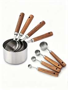 8‑Piece Stainless‑Steel Measuring Cup And Spoon Set With Engraved Markings On Wooden Handles, Stackable Or Hangable For Storage, For Precise Measurements In Baking, Cooking And Coffee Seasoning - Silver - View 1