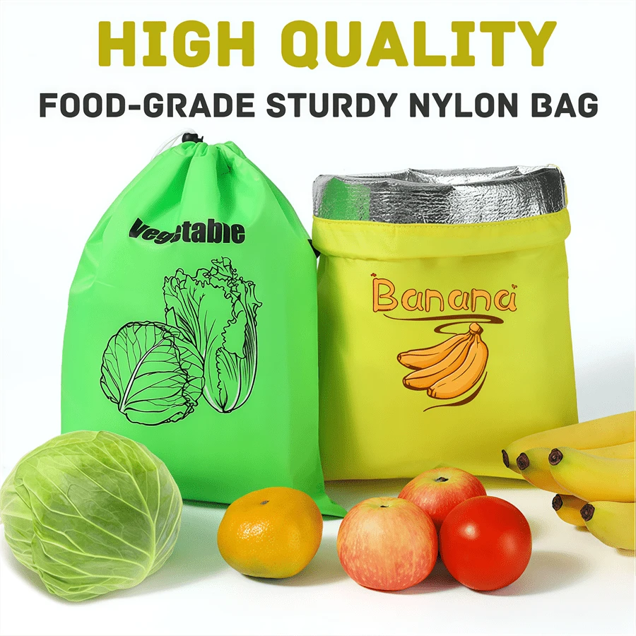 Reusable Produce Storage Bags, Food‑Grade Nylon Drawstring Fruit & Vegetable Fresh‑Keeping Bags With Aluminum Foil Liner, Refrigerator Organizer Pouch For Banana Tomato Vegetables, Extend Shelf Life - View 1