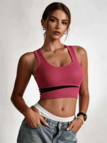 Runway Rest Women's Backless Ribbed Sports Bra, Magenta And Black Colorblock Mesh Quick-Dry High Support Yoga Crop Top, Suitable For Fitness Training - Multicolor - View 3