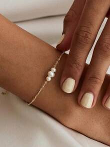 1pc Elegant, Minimalist Chain Bracelet With Faux Pearls, Suitable For Daily Wear, Dating, Wedding, Holiday, As A Gift For Women - Multicolor - View 2