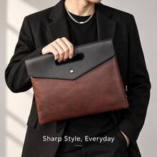 Fashionable Document Clutch Bag, Crazy Horse Leather Retro Colorblock Envelope Pouch, Street Style Handbag, Business Lightweight Organizer Bag, Unisex - Coffee Brown - View 3