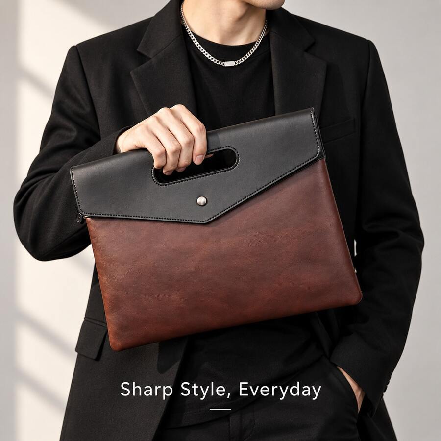 Fashionable Document Clutch Bag, Crazy Horse Leather Retro Colorblock Envelope Pouch, Street Style Handbag, Business Lightweight Organizer, Wristlet - Coffee Brown - View 1