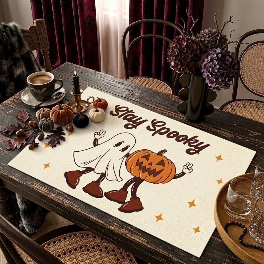 1/4/6pcs Halloween Series Cartoon Ghost Pumpkin Pattern Printed Placemats, Heat-Resistant Table Mat For Home Kitchen/Dining Table Protection, Party Scene Decoration
