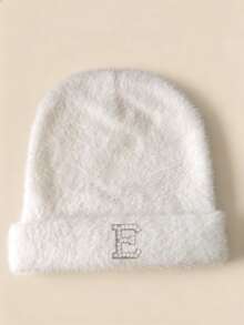 1pc Women Custom A‑Z Rhinestone Pearl Letter Fuzzy Cuffed Beanie Warm Winter Christmas Gift Knit Hat - White - View 6