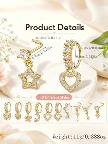 10pcs/Pack 20g Women's Pendant Nose Rings L-Shaped Nose Studs, Copper Zirconia Flower Star Butterfly Heart Designs, Nose Piercing Jewelry - Gold - View 4