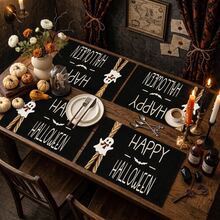 1/4/6pcs Halloween Series Bow Ghost Pattern Printed Placemats, Heat-Resistant Table Mats For Home Kitchen, Table Protection, Kitchen Dining Table, Party Scene Decoration - Multicolor - View 6