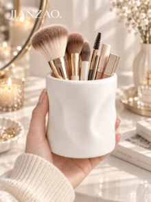 1pc Kawaii Wavy Resin Pen Holder In 6 Colors, Matte & Glossy Finishes, Multi-Use For Stationery & Makeup Brushes, Versatile Desk Organizer For Students & Office Workers - Corrugated Cylinder Storage - View 3