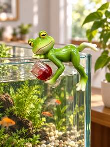 Resin Frog Figurine With Wine Glass, Ledge Hanging Frog Statue, Aquarium Fish Tank Rim Decor, Outdoor Planter Pot Edge Ornament, Patio Yard Garden Fence Railing Decoration, Indoor Home Desktop Display, Landscape Accent Decor For Backyard Balcony - Red Wine Frog - View 2