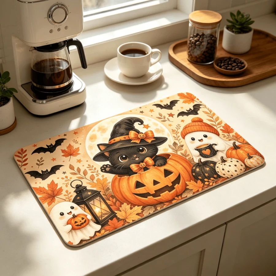 1PC Pumpkin Diatomite Absorbent Welcome Doormat, Christmas Halloween Decor Rug, Multi‑Purpose Mat For Stovetop, Coffee Station, Water Bar Counter, Indoor & Outdoor Front Door, Kitchen Home Decor Area Floor Mat